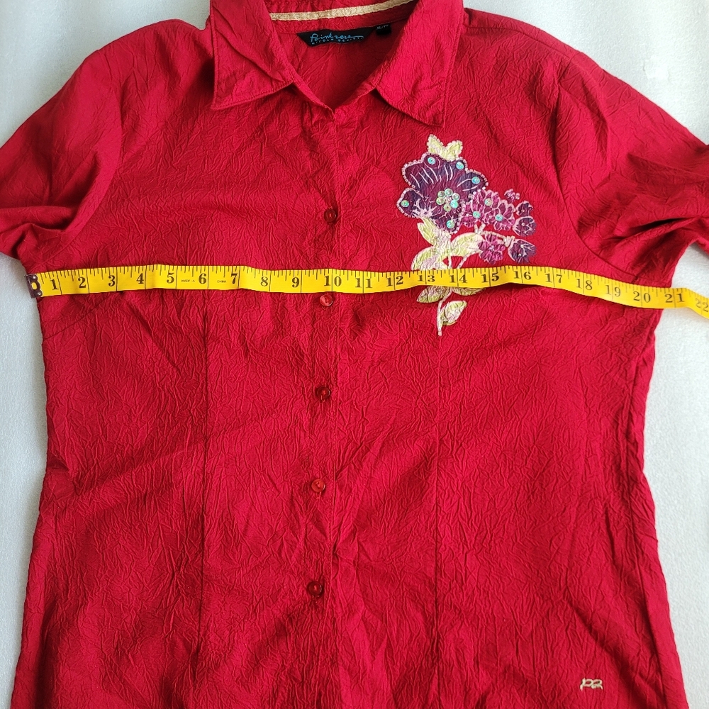90s Y2K Point Zero Floral Applique Beaded Blouse Red Crinkle Large - Picture 13 of 14